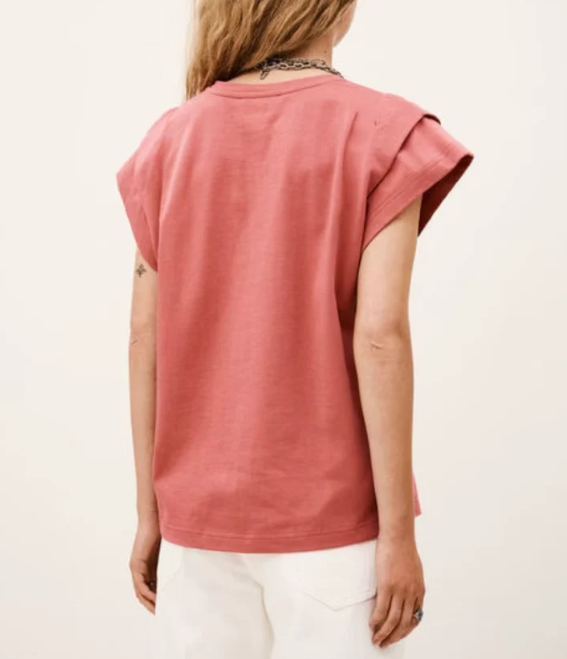 Damski T-shirt z efektem sprania vintage, plisami i rękawkami typu cap-sleeve