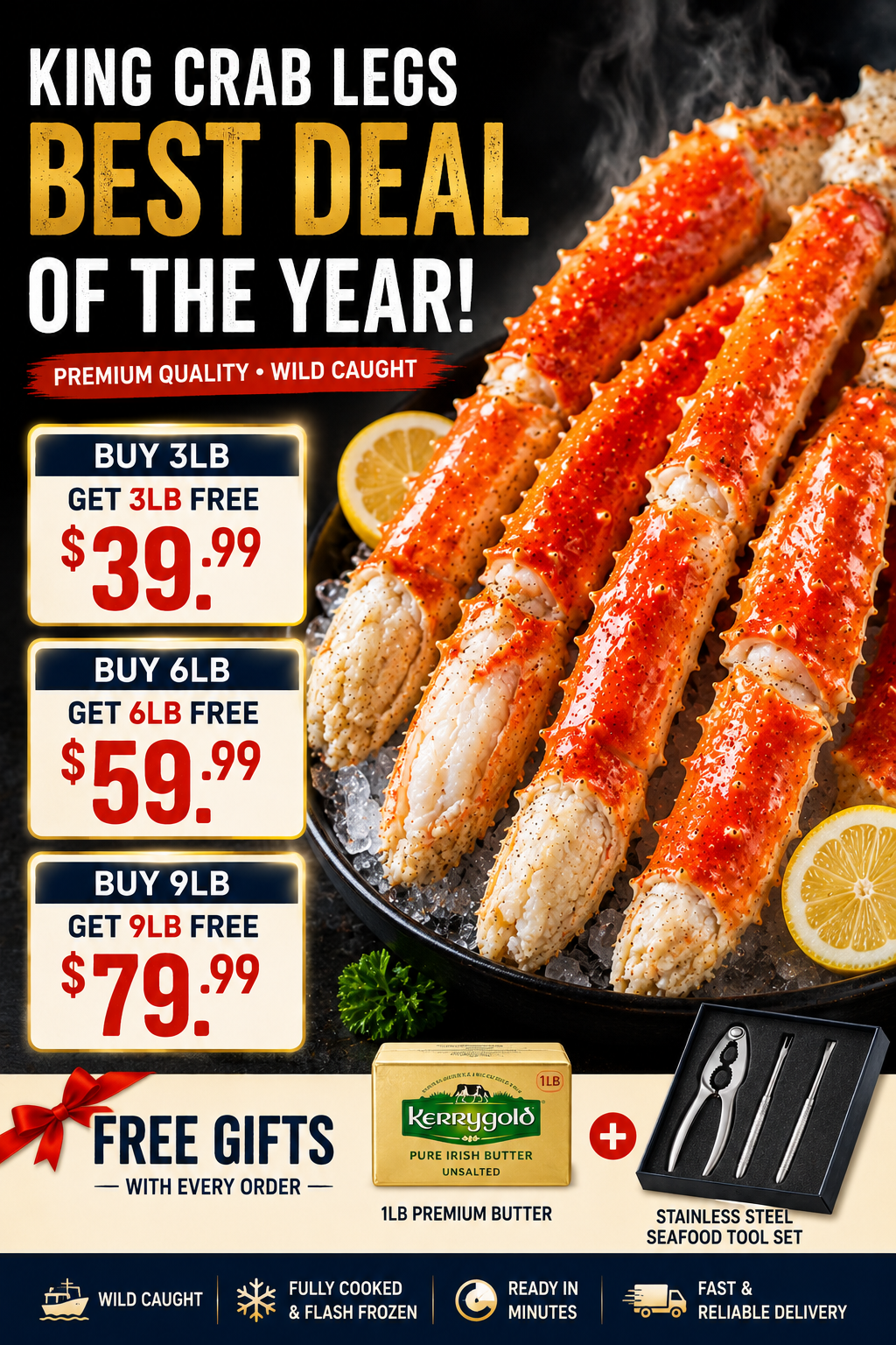 🦀 Premium King Crab Legs – Wild-Caught Large Size, Sweet & Tender Meat Seafood Feast Delivered To Your Door